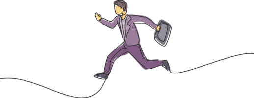 Continuous one line drawing of young happy male worker jumping high while holding briefcase. Success business manager. Minimalist concept. Trendy single line draw design graphic illustration png