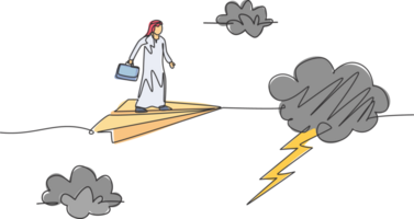 Célibataire continu ligne dessin de Jeune arabe affaires homme entrer orage avec en volant papier avion. minimalisme métaphore concept. dynamique un ligne dessiner graphique conception illustration png