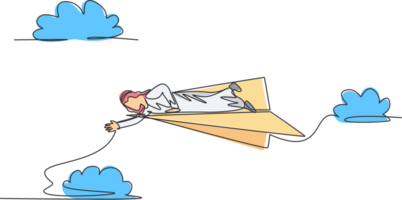Single continuous line drawing of young Arabian business man lay down on flying paper plane to reach his fall colleagues. Minimalism metaphor concept. One line draw graphic design illustration png