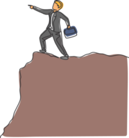 Single one line drawing young smart business man standing at cliff edge pointing finger to the sky. Business metaphor concept. Modern continuous line draw. Minimal design graphic illustration png