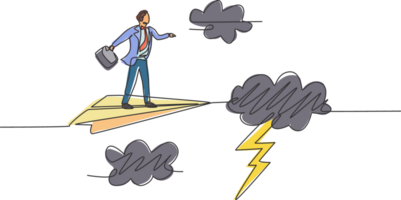 Continuous one line drawing young male worker flying with paper airplane through heavy thunderstorm. Business obstacle metaphor. Minimalist concept. Single line draw design graphic illustration png