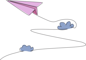 Single kontinuierlich Linie Zeichnung von Papier Flugzeug fliegend hoch durch das Wolken auf . Papier Origami Kinder Spielzeug. Minimalismus Konzept dynamisch einer Linie zeichnen Grafik Design Illustration png