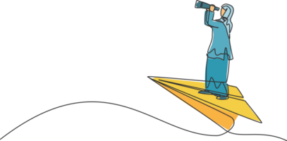 Single kontinuierlich Linie Zeichnung jung weiblich arabisch Unternehmer fliegend mit Papier Flugzeug analysieren Geschäft Potenzial. Minimalismus Metapher Konzept dynamisch einer Linie zeichnen Grafik Design Illustration png