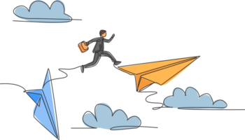 Single continuous line drawing young business man jumping from crash paper airplane to the flying plane. Professional businessman concept. Minimalism one line draw. Graphic design illustration png