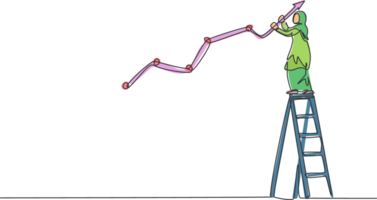 Continuous one line drawing young Arabic female worker climb the ladder to draw sales increase graph. Success business manager minimalist concept. Single line draw design graphic illustration png