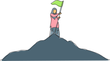 Continuous one line drawing young Arabic female worker planted success flag on the top of mountain. Business manager minimalist concept. Trendy single line draw design graphic illustration png