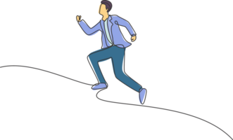 Single continuous line drawing of young business man running fun to get to the office. Attractive professional businessman. Minimalism concept dynamic one line draw graphic design illustration png