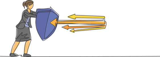 continuo uno linea disegno di giovane femmina lavoratore Tenere metallo scudo per proteggere a partire dal freccia attacco. successo attività commerciale manager minimalista concetto. singolo linea disegnare design grafico illustrazione png