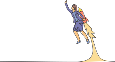 Célibataire un ligne dessin de Jeune intelligent affaires femme en volant haute en utilisant jetpack à atteindre but. affaires Ventes croissance minimal concept. moderne continu ligne dessiner conception graphique illustration png