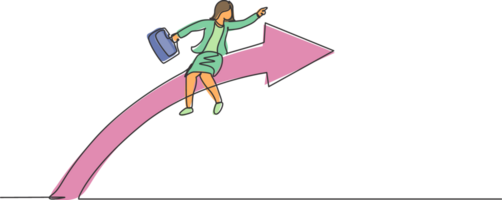 enda ett linje teckning av ung smart företag kvinna flygande rida framåt- pil till nå mål. företag försäljning tillväxt minimal begrepp. modern kontinuerlig linje dra design grafisk illustration png