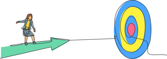 Single continuous line drawing of young female manager riding forward arrow to hit goal target. Professional businesswoman. Minimalism concept dynamic one line draw graphic design illustration png