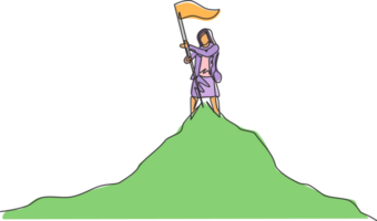 Célibataire un ligne dessin de Jeune intelligent affaires femme plante drapeau sur le Haut de Montagne. affaires Ventes croissance Succès minimal concept. moderne continu ligne dessiner conception graphique illustration png