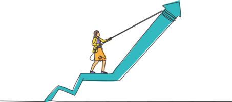 singolo uno linea disegno di giovane inteligente attività commerciale donna traino su freccia simbolo per aumentare grafico. attività commerciale i saldi crescita minimo concetto. moderno continuo linea disegnare design grafico illustrazione png