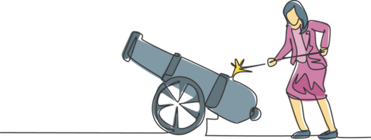 soltero uno línea dibujo de joven inteligente negocio mujer fuego en cañón pelota arma. negocio ventas crecimiento metáfora mínimo concepto. moderno continuo línea dibujar diseño gráfico ilustración png