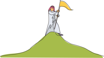 Single continuous line drawing young Arabic businessman planting the goal flag on the top of mountain. Business goal achievement. Minimalism concept one line draw graphic design illustration png