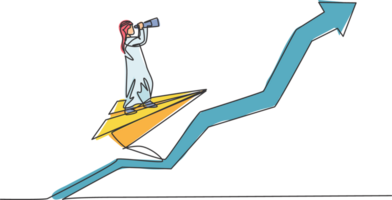 Single one line drawing young Arab male entrepreneur flying with paper plane and analyze business opportunity. Business growth minimal concept. Continuous line draw design graphic illustration png