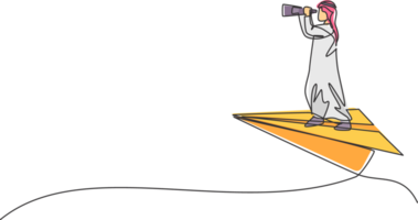 Single continuous line drawing of young Arab businessman analyzing opportunity while flying with paper plane. Smart business vision. Minimalism concept one line draw graphic design illustration png