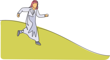 single doorlopend lijn tekening van jong Arabisch zakenman rennen snel naar jacht bedrijf doel. moeilijk arbeider manager, metafoor. minimalisme concept dynamisch een lijn trek grafisch ontwerp illustratie png