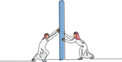 Single one line drawing of two young Arabian male entrepreneurs pushing the wall to win the fight. Business competition minimal concept. Modern continuous line draw design graphic illustration png