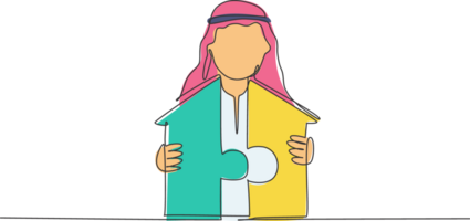 doorlopend een lijn tekening jong knap Arabisch mannetje arbeider verenigen puzzel stuk naar bouwen huis. succes bedrijf strategie minimalistische concept. modieus single lijn trek ontwerp grafisch illustratie png