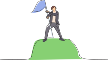 Single one line drawing of young smart male manager planting flag on top mountain, metaphor. Successful business achieve target minimal concept. Continuous line draw design graphic illustration png