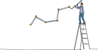 continuo uno linea disegno di giovane bello maschio lavoratore disegnare attività commerciale i saldi crescita su parete. successo attività commerciale manager minimalista concetto. di moda singolo linea disegnare design grafico illustrazione png