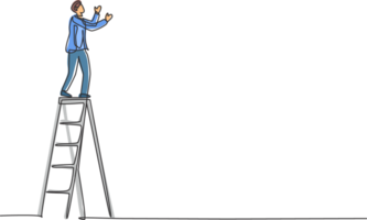 Single one line drawing of young smart male repairman standing steady on tall ladder. Handyman fix house wall minimal concept. Modern continuous line draw design graphic illustration png