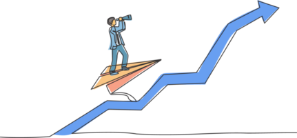soltero uno línea dibujo joven inteligente masculino empleado mosca utilizando papel aeronave y mirando adelante. negocio Finanzas crecimiento mínimo concepto. moderno continuo línea dibujar diseño gráfico ilustración png