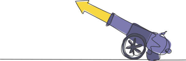 Single einer Linie Zeichnung von Kanone Ball Waffe mit Pfeil Symbol Kugel Rakete. Geschäft Finanzen Wachstum minimal Konzept. modern kontinuierlich Linie zeichnen Design Grafik Illustration png