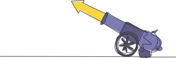 Célibataire un ligne dessin de canon Balle arme avec La Flèche symbole balle missile. affaires la finance croissance minimal concept. moderne continu ligne dessiner conception graphique illustration png