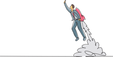 Continuous one line drawing of young handsome male worker flying high using jetpack machine. Success business manager minimalist concept. Trendy single line draw design graphic illustration png