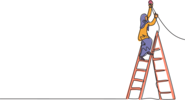 Single one line drawing of young smart Arab business woman climb ladder up to fix the lamp at office. Business growth minimal concept. Modern continuous line draw design graphic illustration png