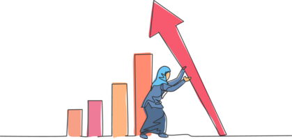 singolo uno linea disegno di giovane inteligente arabo attività commerciale donna erigere il freccia simbolo su. attività commerciale finanziario crescita minimo concetto. moderno continuo linea disegnare design grafico illustrazione png