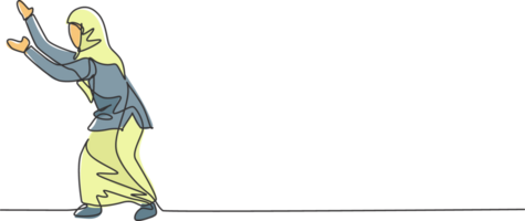 Single one line drawing young smart Arab business woman pushing the wall to protect her position, metaphor. Business growth minimal concept. Continuous line draw design graphic illustration png
