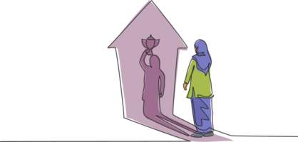 Single einer Linie Zeichnung von jung Clever arabisch Geschäft Frau gegenüber ihr Heben Trophäe Schatten auf das Mauer. Geschäft Wachstum minimal Konzept. modern kontinuierlich Linie zeichnen Design Grafik Illustration png