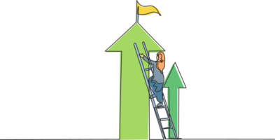 Continuous one line drawing of young female Arabic worker climb ladder to reach top of arrow symbol up. Success manager minimalist concept. Trendy single line draw design graphic illustration png