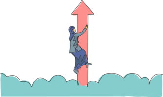 Célibataire un ligne dessin de Jeune intelligent arabe affaires femme tenir en volant La Flèche en haut par le nuage ciel. affaires croissance minimal concept. moderne continu ligne dessiner conception graphique illustration png