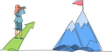 single een lijn tekening van jong slim zakenvrouw op zoek doel doelwit Bij top van de monteren. bedrijf financiën visie minimaal concept. modern doorlopend lijn trek ontwerp grafisch illustratie png