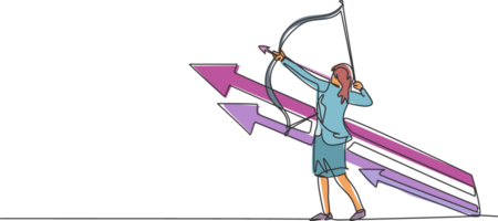 Continuous one line drawing of young female entrepreneur take an arrow bow to hit target goal. Success business strategy minimalist concept. Trendy single line draw design graphic illustration png