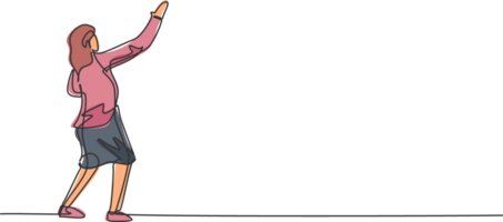 Continuous one line drawing of young female entrepreneur pose to write sales report on the wall. Success business manager minimalist concept. Trendy single line draw design graphic illustration png