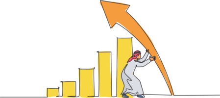 enda ett linje teckning av ung arabicum affärsman slå fast pil bar tecken upp. Framgång företag tillväxt strategi minimal begrepp. modern kontinuerlig linje dra design grafisk illustration png