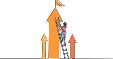 Continuous one line drawing of young female entrepreneur climb the ladder up to reach top arrow. Success business manager minimalist concept. Trendy single line draw design graphic illustration png