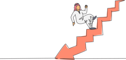 Célibataire un ligne dessin de Jeune arabe homme d'affaire chute de escaliers vers le bas à la faillite. échec affaires stratégie minimal concept. moderne continu ligne dessiner conception graphique illustration png