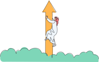 Single one line drawing young Arabic businessman holding up arrow sign while flying on sky. Success business growth strategy minimal concept. Continuous line draw design graphic illustration png