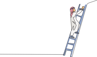 Continuous one line drawing of young Arab businessman climb the ladder up to pass the wall. Business solution metaphor minimalist concept. Trendy single line draw design graphic illustration png