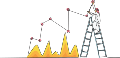 soltero continuo línea dibujo de joven árabe empresario informes ventas Progreso gráfico en pared. profesional obrero. minimalismo concepto dinámica uno línea dibujar gráfico diseño ilustración png