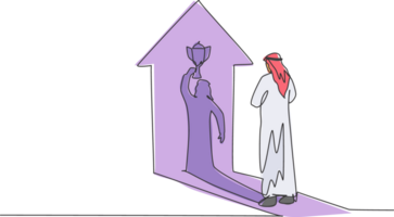 kontinuierlich einer Linie Zeichnung von jung arabisch Geschäftsmann gegenüber seine Schatten Heben das Trophäe. Geschäft gewinnen Strategie minimalistisch Konzept. modisch Single Linie zeichnen Design Grafik Illustration png