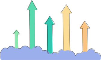 Continuous one line drawing of fly rising arrows up sign on cloud through the sky. Success business sales graph minimalist concept. Trendy single line draw design graphic illustration png