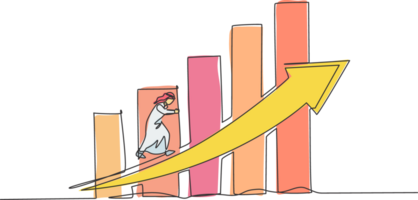 kontinuerlig ett linje teckning av ung arab affärsman klättra de stege upp till passera de vägg. företag lösning liknelse minimalistisk begrepp. trendig enda linje dra design grafisk illustration png