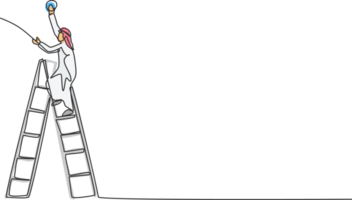 Single continuous line drawing of young Arabian handyman climb the ladder up to fix a bulb lamp. Professional worker. Minimalism concept dynamic one line draw graphic design illustration png